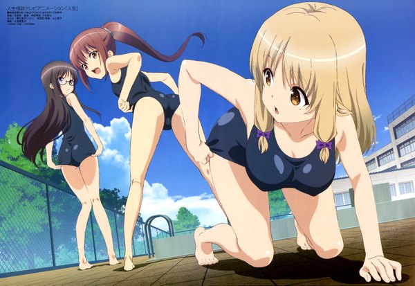 Anime picture 5919x4081 with jinsei megami magazine endou rino kujou fumi suzuki ikumi kawashima hisashi long hair highres open mouth light erotic black hair blonde hair brown hair multiple girls brown eyes absurdres sky cloud (clouds) ponytail mole