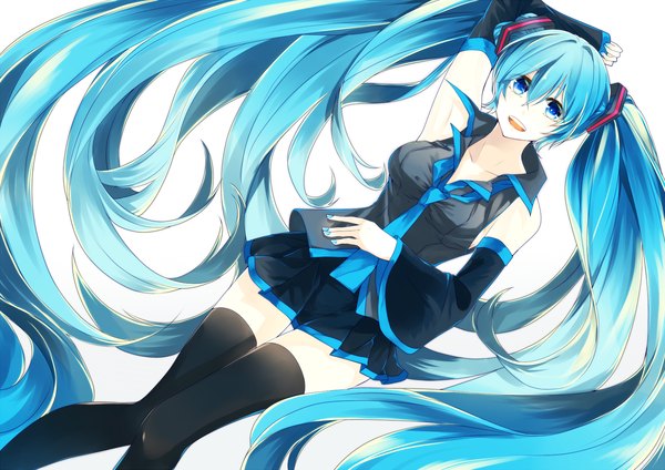 Anime picture 1535x1086 with vocaloid hatsune miku hiroimu single open mouth blue eyes simple background white background twintails blue hair very long hair girl thighhighs skirt black thighhighs detached sleeves necktie