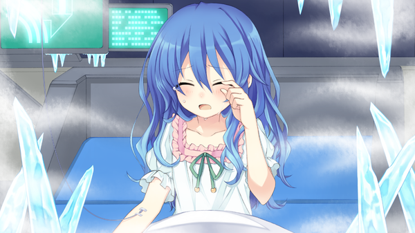 Anime picture 1280x720 with date a live yoshino (date a live) tsunako single long hair blush open mouth wide image blue hair game cg eyes closed official art loli crying sad sick girl dress bed