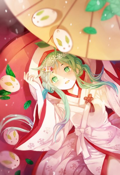 Anime picture 840x1221 with vocaloid hatsune miku yuki miku yuki miku (2013) koyuiko single long hair tall image blush open mouth twintails green eyes traditional clothes japanese clothes green hair from above blurry snowing snow girl
