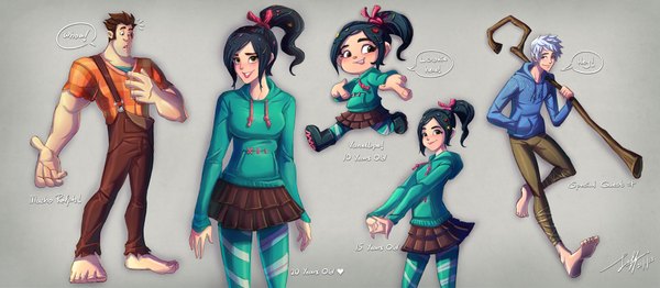 Anime picture 1920x840 with rise of the guardians wreck-it ralph dreamworks jack frost (rise of the guardians) vanellope von schweetz ralph jeff-mahadi blush highres short hair black hair smile brown hair wide image green eyes silver hair ponytail crossover girl boy