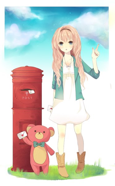 Anime picture 1000x1614 with vocaloid megurine luka uetsuki aisa single long hair tall image looking at viewer blush blue eyes pink hair cloud (clouds) girl dress hairband teddy bear