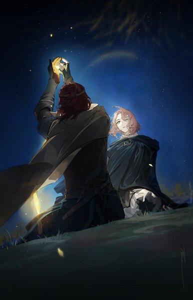 Anime picture 1800x2799 with elden ring melina (elden ring) tarnished (elden ring) ruint tall image highres short hair brown hair sitting multiple girls signed yellow eyes outdoors red hair one eye closed night arms up night sky girl 2 girls