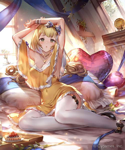 Anime picture 700x840 with shingeki no bahamut 77gl single long hair tall image looking at viewer blush fringe breasts open mouth light erotic blonde hair sitting green eyes indoors off shoulder arms up :o copyright name covered navel