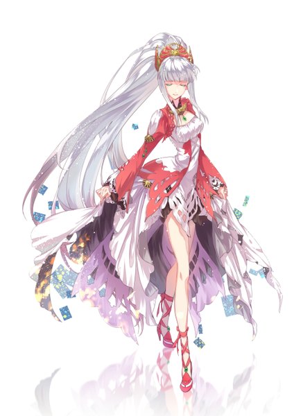Anime picture 1000x1414 with tales of (series) tales of zestiria lailah (tales) h28 single tall image fringe simple background standing white background silver hair ponytail eyes closed very long hair high heels reflection girl dress hair ornament choker