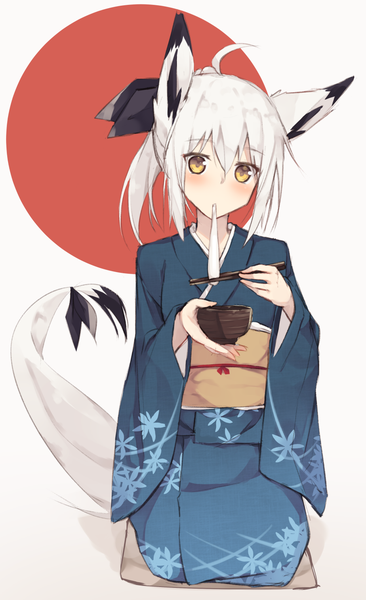 Anime-Bild 906x1482 mit original nagishiro mito single tall image looking at viewer blush fringe short hair hair between eyes white background sitting holding animal ears yellow eyes full body ahoge white hair tail traditional clothes japanese clothes