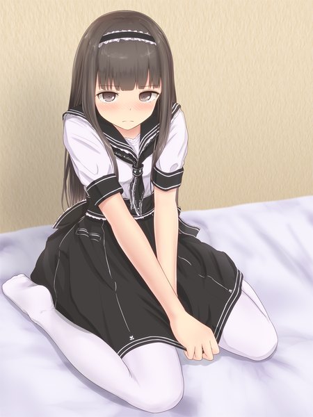 Anime picture 750x1000 with original minagiku single long hair tall image looking at viewer blush fringe black hair sitting brown eyes full body bent knee (knees) indoors from above short sleeves embarrassed no shoes wariza between legs