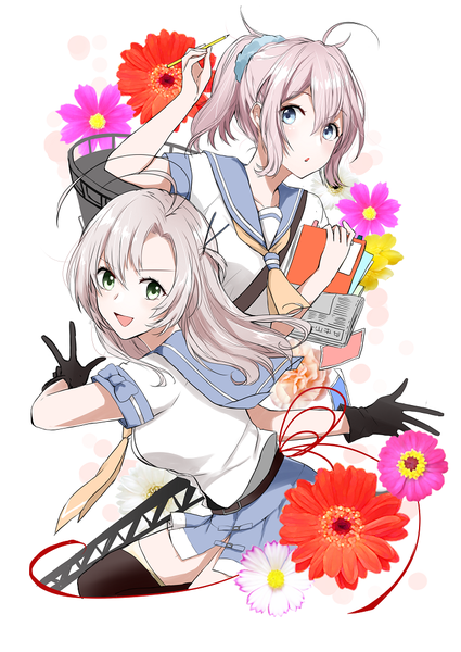 Anime picture 753x1063 with kantai collection kinugasa heavy cruiser aoba heavy cruiser morinaga (harumori) long hair tall image looking at viewer open mouth blue eyes multiple girls green eyes payot pink hair silver hair ahoge ponytail :d floral background remodel (kantai collection) >:d