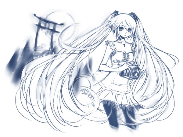 Anime picture 1600x1200 with fatal frame fatal frame 4 vocaloid hatsune miku minazuki ruka reika (artist) single long hair looking at viewer highres simple background white background twintails holding very long hair monochrome minazuki ruka (cosplay) girl dress pantyhose