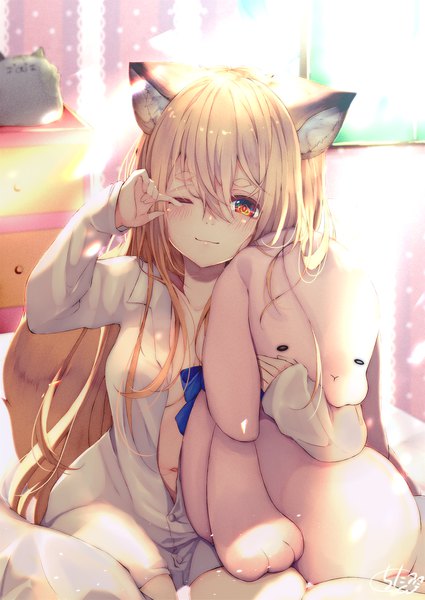 Anime picture 1417x2000 with original chita (ketchup) single long hair tall image looking at viewer blush fringe breasts light erotic blonde hair smile hair between eyes red eyes sitting holding signed animal ears indoors tail