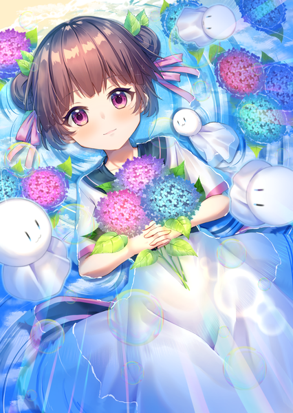 Anime picture 1241x1748 with original torokeru none single tall image looking at viewer blush fringe short hair brown hair holding lying pink eyes from above light smile short sleeves on back hair bun (hair buns) partially submerged cute girl