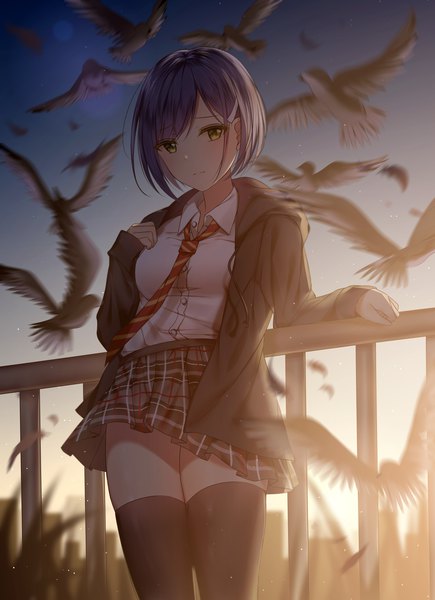 Anime picture 2175x3000 with darling in the franxx studio trigger ichigo (darling in the franxx) junpaku karen single tall image fringe highres short hair standing yellow eyes blue hair sky outdoors wind open jacket plaid skirt girl thighhighs skirt