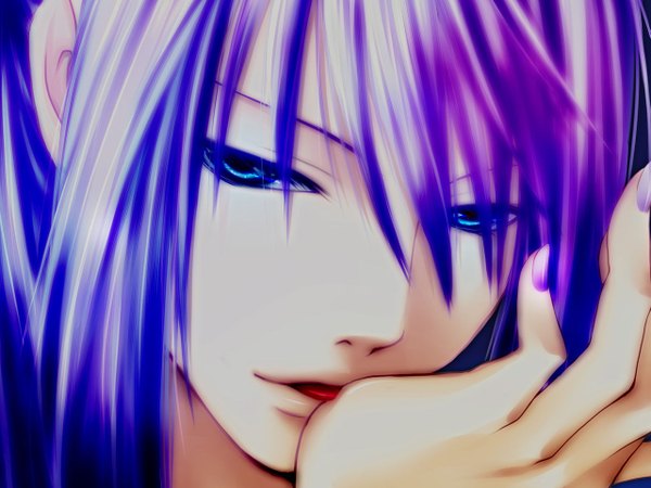 Anime picture 1279x960 with vocaloid kamui gakupo single long hair looking at viewer fringe blue eyes purple hair nail polish lips close-up licking purple nail polish boy tongue