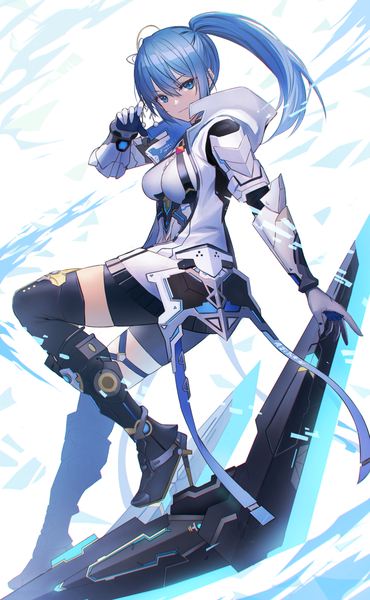 Anime picture 789x1279 with phantasy star phantasy star online 2 original sega sion (9117) single long hair tall image looking at viewer fringe breasts blue eyes simple background hair between eyes standing payot blue hair full body bent knee (knees) ponytail