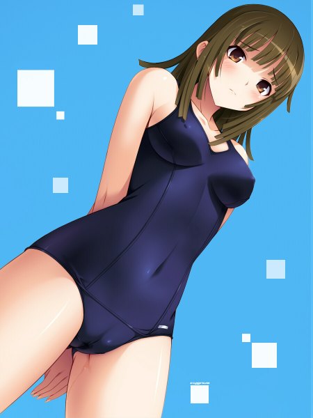 Anime picture 900x1200 with bakemonogatari shaft (studio) monogatari (series) sengoku nadeko cygnus (artist) single long hair tall image looking at viewer breasts light erotic brown hair brown eyes girl swimsuit one-piece swimsuit school swimsuit