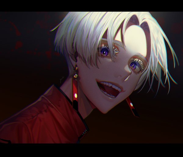 Anime picture 3810x3264 with tokyo revengers kurokawa izana yun tai single looking at viewer highres short hair open mouth purple eyes absurdres upper body white hair :d teeth letterboxed boy earrings