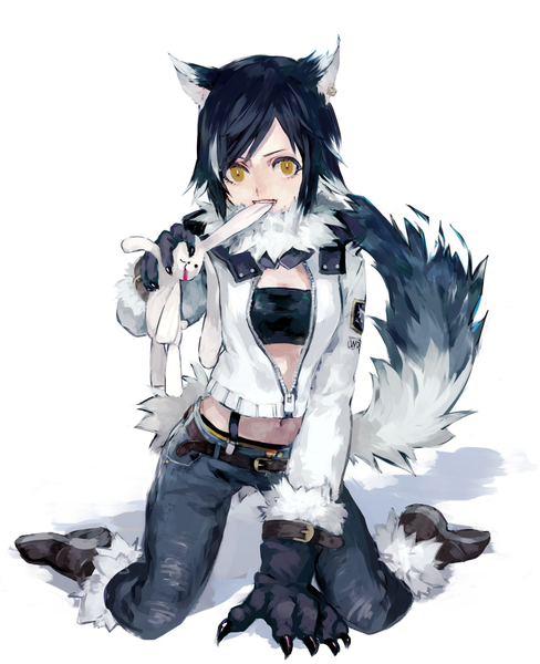 Anime picture 1984x2440 with original ozyako single tall image looking at viewer fringe highres short hair breasts black hair simple background white background animal ears yellow eyes bent knee (knees) tail animal tail multicolored hair open jacket two-tone hair