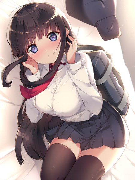 Anime picture 2480x3300 with original haruyuki (yukichasoba) single long hair tall image looking at viewer blush fringe highres breasts black hair large breasts purple eyes payot lying blunt bangs pleated skirt arms up :o dutch angle