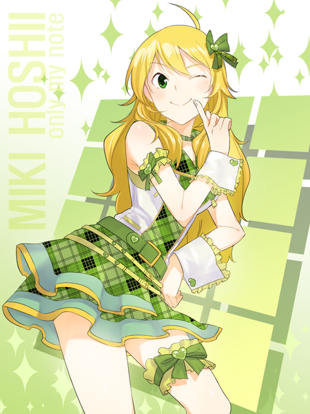 Anime picture 900x1200 with idolmaster hoshii miki gulim single long hair tall image looking at viewer blush blonde hair smile bare shoulders green eyes one eye closed wink hand on hip check my note girl skirt hair ornament bow