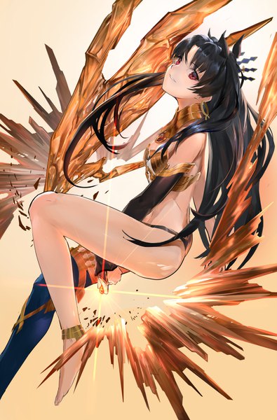 Anime picture 989x1500 with fate (series) fate/grand order ishtar (fate) nuda single long hair tall image looking at viewer blush fringe breasts light erotic black hair simple background smile red eyes bent knee (knees) head tilt barefoot two side up
