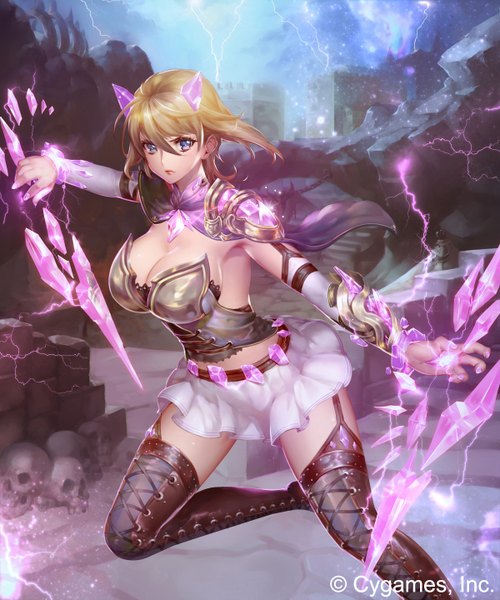 Anime picture 1200x1440 with shingeki no bahamut original holy jewel soldier (rage of bahamut) ryushin tall image looking at viewer short hair breasts blue eyes light erotic blonde hair cleavage magic girl skirt weapon miniskirt thigh boots