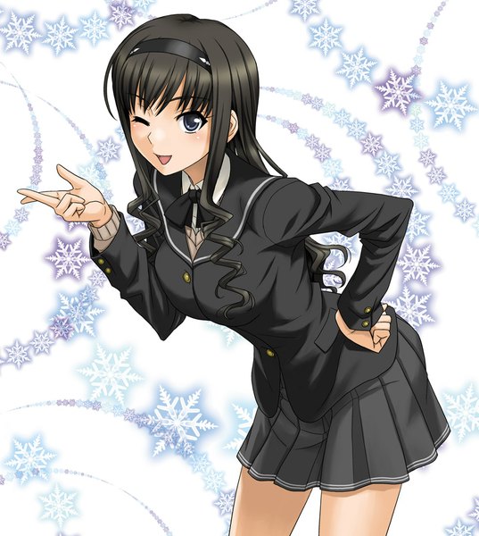 Anime picture 985x1100 with amagami morishima haruka hida tatsuo single long hair tall image looking at viewer open mouth blue eyes black hair one eye closed wink drill hair girl skirt uniform school uniform hairband black skirt snowflake (snowflakes)