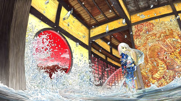 Anime picture 1959x1100 with original sumashi (cii) single long hair highres wide image standing holding sky cloud (clouds) white hair traditional clothes japanese clothes black eyes mouth hold eating girl water window kimono