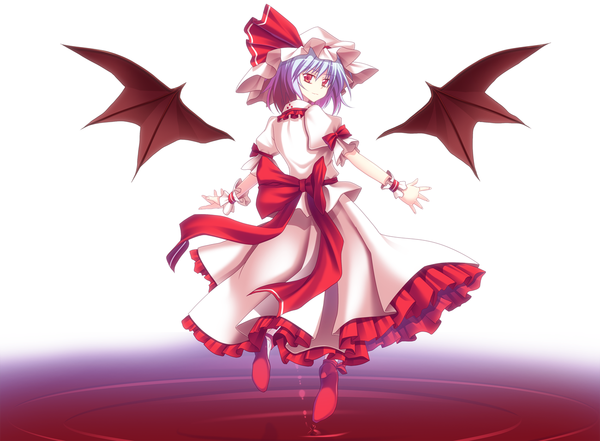 Anime picture 1300x956 with touhou remilia scarlet ina (inadahime) single short hair red eyes blue hair looking back girl dress bow wings water wrist cuffs bonnet