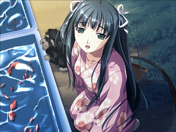 Anime picture 1024x768 with eve new generation x (game) kizeki noi single long hair looking at viewer fringe open mouth black hair green eyes game cg japanese clothes from above night kneeling floral print girl ribbon (ribbons) hair ribbon animal kimono