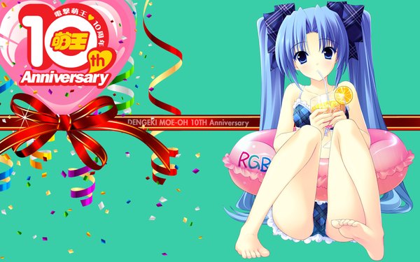 Anime picture 1920x1200 with r.g.b! shiki ai suzuhira hiro single long hair highres blue eyes light erotic wide image twintails blue hair barefoot drinking anniversary girl bow ribbon (ribbons) swimsuit hair bow bikini