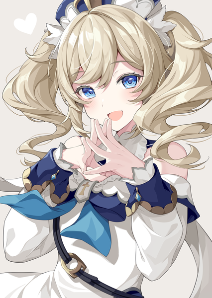 Anime picture 1065x1500 with genshin impact barbara (genshin impact) ringozaka mariko single long hair tall image looking at viewer open mouth blue eyes simple background blonde hair twintails upper body :d grey background drill hair fingers together girl dress detached sleeves