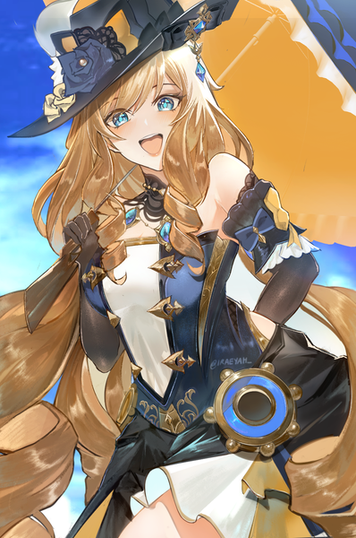 Anime picture 1052x1587 with genshin impact navia (genshin impact) iraeyah single long hair tall image looking at viewer blush fringe breasts open mouth blue eyes blonde hair smile standing bare shoulders signed sky cloud (clouds) :d