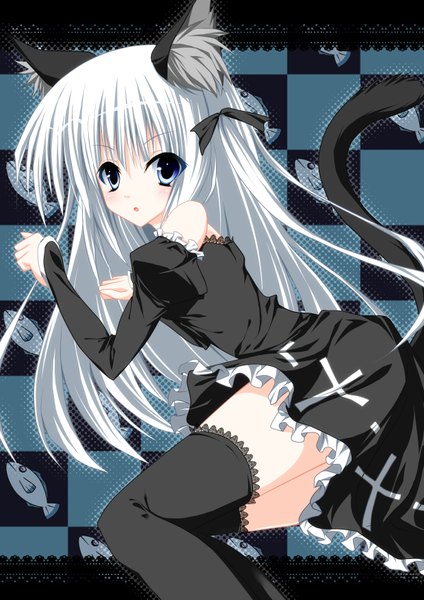 Anime picture 2480x3507 with yuzuno ha (artist) single long hair tall image highres blue eyes animal ears white hair animal tail cat ears cat tail checkered background girl thighhighs black thighhighs fish (fishes)