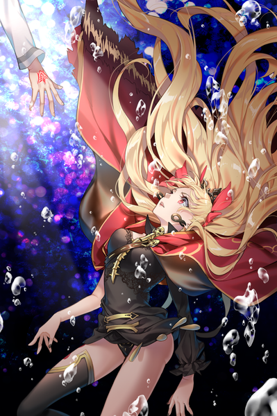 Anime picture 998x1500 with fate (series) fate/grand order ereshkigal (fate) noes long hair tall image open mouth light erotic blonde hair red eyes two side up floating hair looking up solo focus underwater girl thighhighs bow hair bow earrings