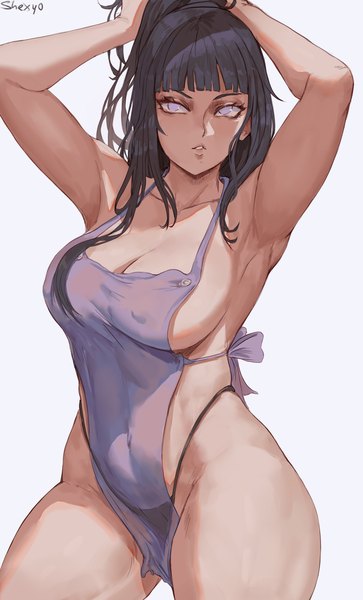 Anime picture 2117x3500 with naruto studio pierrot naruto (series) hyuuga hinata shexyo single long hair tall image looking at viewer fringe highres breasts light erotic black hair large breasts standing signed payot blunt bangs parted lips
