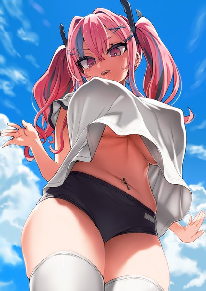 Anime picture 1100x1553 with azur lane bremerton (azur lane) asanagi single long hair tall image looking at viewer blush fringe breasts open mouth light erotic hair between eyes large breasts twintails pink hair sky cloud (clouds) outdoors pink eyes
