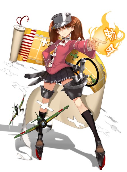 Anime picture 1745x2360 with kantai collection ryuujou light aircraft carrier realmbw single long hair tall image highres brown hair white background twintails brown eyes girl skirt weapon socks black socks sailor suit aircraft airplane fireball
