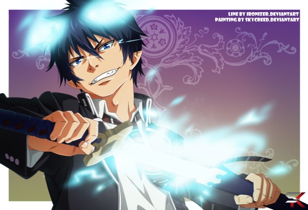 Anime picture 2930x2000 with ao no exorcist a-1 pictures okumura rin skycreed single highres short hair blue eyes black hair smile pointy ears grin coloring magic boy weapon shirt sword necktie suit