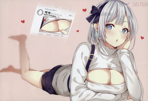 Anime picture 2991x2043 with original yuran (cozyquilt) single looking at viewer blush fringe highres short hair blue eyes light erotic simple background cleavage silver hair full body lying long sleeves blurry scan :o depth of field