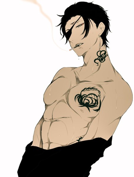 Anime picture 995x1317 with original schwarz ashford zabeo0125 single tall image looking at viewer fringe short hair light erotic black hair simple background red eyes standing white background bare shoulders holding upper body head tilt mole tattoo