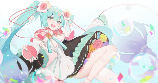 Anime picture 4096x2160 with vocaloid magical mirai (vocaloid) hatsune miku magical mirai miku magical mirai miku (2021) ellase single long hair looking at viewer fringe highres open mouth hair between eyes wide image twintails absurdres nail polish :d aqua eyes aqua hair