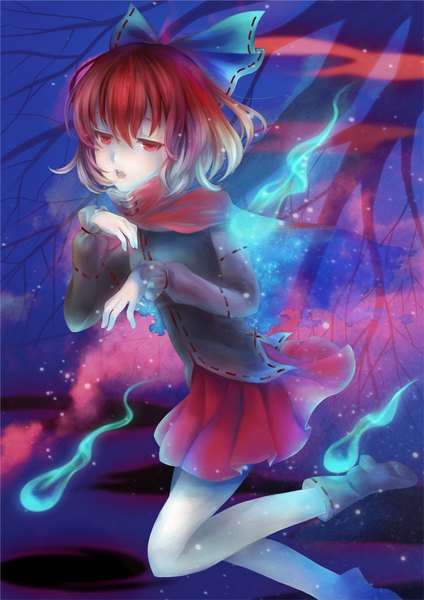 Anime picture 1141x1614 with touhou sekibanki mogumi single tall image fringe short hair open mouth red eyes red hair pleated skirt glowing looking down weightlessness girl skirt bow plant (plants) hair bow tree (trees)