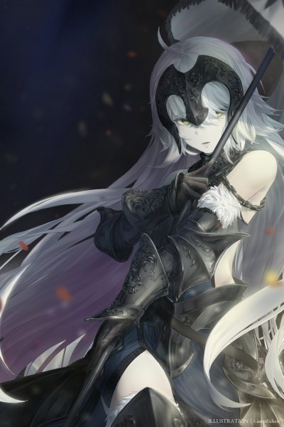 Anime picture 801x1200 with fate (series) fate/grand order jeanne d'arc (fate) (all) jeanne d'arc alter (fate) jeanne d'arc alter (avenger) (third ascension) (fate) guten single tall image looking at viewer fringe simple background hair between eyes standing bare shoulders holding green eyes signed payot silver hair ahoge