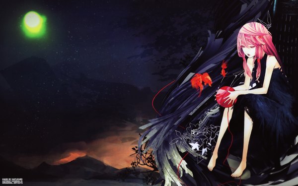 Anime picture 2560x1600 with guilty crown production i.g yuzuriha inori redjuice single long hair highres open mouth red eyes wide image sitting bare shoulders pink hair barefoot night girl dress moon fish (fishes)