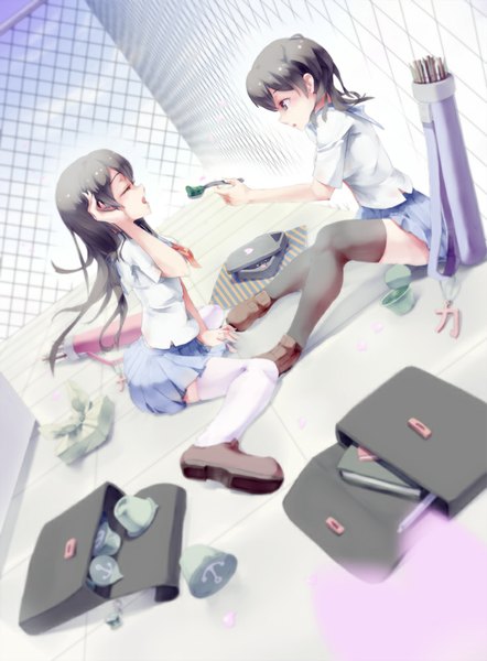 Anime picture 737x1000 with kantai collection kaga aircraft carrier akagi aircraft carrier long hair tall image short hair open mouth black hair multiple girls brown eyes eyes closed profile girl thighhighs skirt uniform black thighhighs 2 girls white thighhighs serafuku