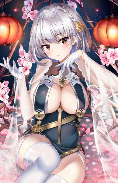 Anime picture 809x1250 with azur lane sirius (azur lane) sirius (azure horizons) (azur lane) squchan single tall image looking at viewer blush fringe short hair breasts light erotic hair between eyes red eyes large breasts sitting signed cleavage silver hair bent knee (knees)
