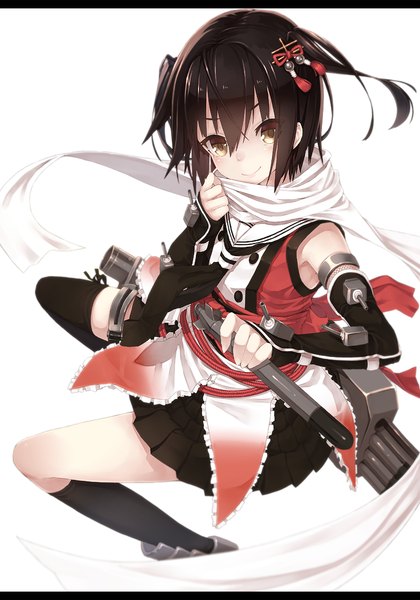 Anime picture 800x1143 with kantai collection sendai light cruiser takuan0907 single long hair tall image looking at viewer blush black hair simple background smile white background brown eyes two side up letterboxed girl thighhighs skirt hair ornament black thighhighs