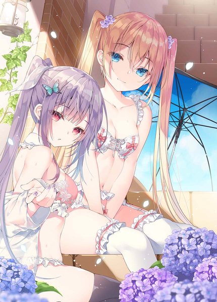 Anime picture 861x1200 with original miwabe sakura long hair tall image looking at viewer blush fringe breasts open mouth blue eyes light erotic blonde hair hair between eyes red eyes sitting twintails multiple girls payot cleavage purple hair