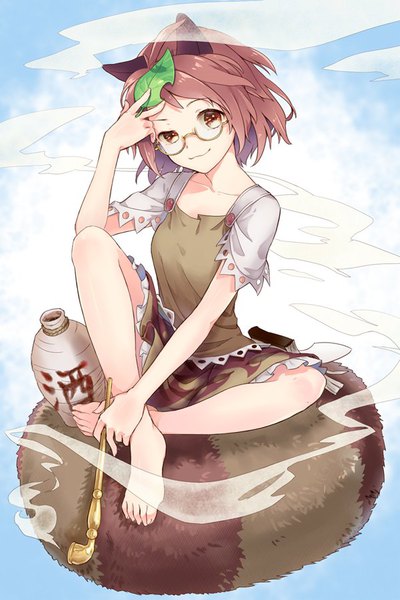 Anime picture 600x900 with touhou futatsuiwa mamizou akidzuki haruhi single tall image looking at viewer short hair brown hair sitting brown eyes animal ears full body tail animal tail barefoot smoke :3 raccoon ears raccoon tail girl