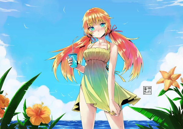 Anime picture 1024x724 with original eudetenis single long hair looking at viewer blush standing twintails green eyes sky cloud (clouds) multicolored hair orange hair gradient hair girl dress flower (flowers) ribbon (ribbons) hair ribbon animal